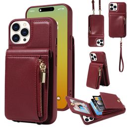 Luxury Crossbody Flip Zipper Phone Case for iPhone 15 Plus 14 13 12 Pro Max Samsung Galaxy S24 S23 S22 S21 Ultra Multiple Card Slots Leather Wallet Chain Bracket Shell