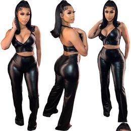 Women'S Two Piece Pants Womens Set Sexy Black Pu Halter Crop Top And Slim Long Pant Suits 2 Pcs Outfits Summer Clothes Faux Leather Dhs0I