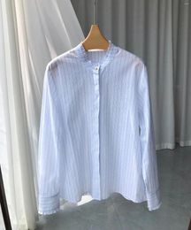 Women's Blouses 2024 Spring Korean Style High Quality Cotton Blue Stripe Shirt Tops C030