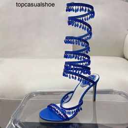 Rene caovilla Wraparound embellished sandals crystal rhinestones Over knee-high tall Strass stiletto Heels Evening shoes women high heeled Luxury Designers shoe