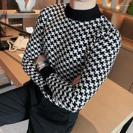 Men's Sweaters Brand Houndstooth Half Turtleneck Sweater Knitwear Pullovers Casual Knitted Warm Jumper Slim Pullover Homme