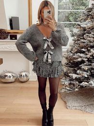 Women's Knits Sexy Bow Lace Up Sequin Sweater Cardigan Women Loose V Neck Long Sleeve Knitted Coat Autumn Winter Ladies Holiday Party