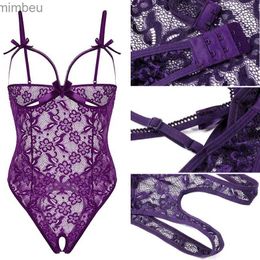 Sexy Set Sexy Set Purple Wine Red Lace Transparent Teddies Lingerie Women Sexy Bare Chested Open Crotch Bodysuit Jupmsuit Erotic Comes C240410