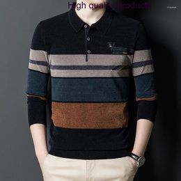 Men's Polos Loose Knitted Mens Polo Shirts Long Sleeve Turn-down Collar Business Casual Striped Male Tops High Quality