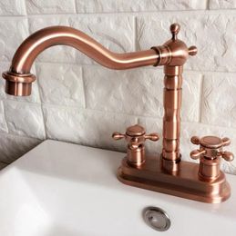 Bathroom Sink Faucets Antique Red Copper Brass Deck Mounted Dual Cross Handles 4" Centre Hole Two Holes Basin Faucet Swivel Mixer Taps