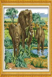 Elephants family foraging Drawing Handmade Cross Stitch Craft Tools Embroidery Needlework sets counted print on canvas DMC 14CT 112474222