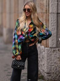 Women's Blouses Y2k Summer Colourful Plaid Printed Long Sleeve Women Shirts2024 Fashion Versatile Loose Casual Single-breasted Oversized