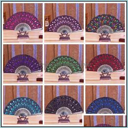 Party Favour Chinese Folding Fan Classical Dance Elegant Colorf Embroidered Flower Peacock Pattern Sequins Female Plastic Handheld Fa Dhd2X