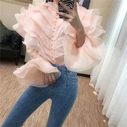 Women's Blouses Layered Ruffle Collar Shirt For Women 2024 Spring And Autumn Fashion Style Flare Sleeve Top