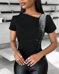Women's T Shirts Top Spring And Summer Short Sleeved Fashion Rhinestone Decor Asymmetrical Neck T-Shirt Daily Casual Slim Fit