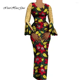 Ethnic Clothing Women African Outfits 2 Pieces Set Shiny Flare Sleeves V Neck Tops And Long Pencil Skirts Clothes For WY9972