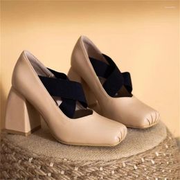 Dress Shoes Crossover Belts For Ladies Square Toes Mary Janes Churry High Heels Pleated Leather Chassure Femme Sewing Lines Zapatos