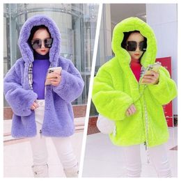 Jackets Autumn And Winter Girls' Fur Coat Korean Version Imitation Hair Green Hooded Cardigan Thickened Mid Length Warm