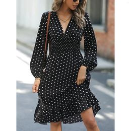 Casual Dresses 2024 Spring Women Dress Black Polka Dot V-neck Loose Female Summer Elegant Trendy Fashion Ladies Clothes