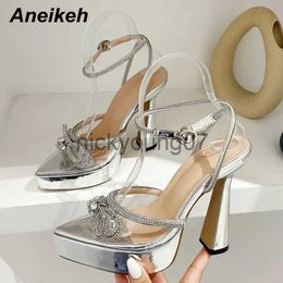 Sandals Aneikeh 2024 Women PVC Mary Janes Shoes Pointed Toe Chunky Heels Platform Pumps Butterfly Knot Crystal Ankle Strap Buckle PartyJ240122