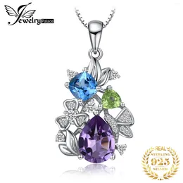 Pendants JewelryPalace Natural Amethyst Blue Topaz Peridot Chrome Diopside Flower Pendant Necklace 925 Sterling Silver Women No Chain