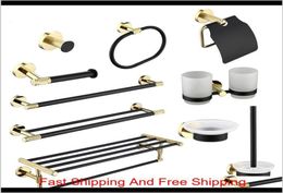 Bathroom Hardware Set Black Robe Hook Gold Towel Rail Bar Rack Bar Ring Shelf Tissue Brass Paper Holder Toothbrush Holder Brush Rp6248059