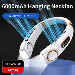 Electric Fans 6000mAh Hanging Neck Fan With Colourful LED Light Portable Type-C Fast Charging Neckfan Multifunctional Leafless Electric FanL240122