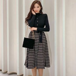 Casual Dresses Korean Elegant Knitted Plaid Patchwork Midi For Long Sleeve O-neck Bird Lattice Bow Pleated Dress Autumn Winter 2024 H138