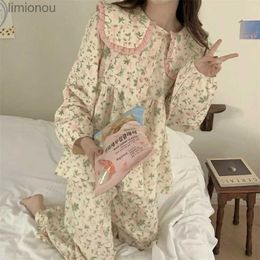 Women's Sleep Lounge Floral Print Sleepwear Women Pyjama Sets Ruffles Pants Sets 2 Pieces Piiama Korean Style Full Sleeve Button Autumn Night WearsL240122