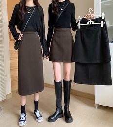 Skirts Y2k Fashion Autumn Winter Black Skirt Female Korean Version Small Woollen Straight In The Long Thin Package Hip