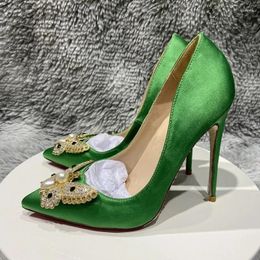 Dress Shoes Glitter Butterfly Decor Women Green Satin Silk Pointy Toe High Heel Wedding Party Elegant Slip On Stiletto Pumps