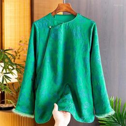 Women's Blouses Rayon Jacquard Shirt Autumn/Winter 2024 Chinese Style Beading Lace Up Splice Mink Hair Long Sleeve Top S-XXL