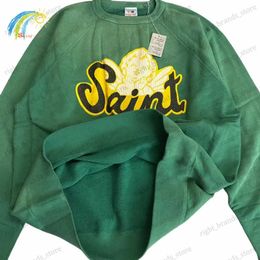 Men's Hoodies Sweatshirts Cracked Angel Print Washed Green Saint Michael Sweatshirts Men Women 100% Cotton Oversized Vintage Crewneck Pullovers T240122