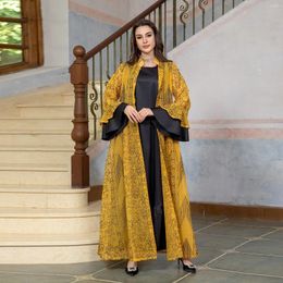 Ethnic Clothing Muslim Set Evening Dresses Cardigan Ruffle Sleeve Abayas For Women Temperament Two-piece Lace-up Dress Jalabiya Ramadan