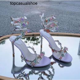 Rene caovilla Flower Heel High Sandals Butterfly Decorative 9.5CM Women Dress Shoes Snake Wrapped Feet Rings Summer Open Toe Pearl Designer Factory Shoe