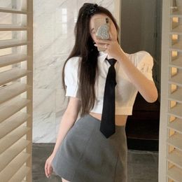 Women's Blouses Summer Slim Fit High Waist White Dress Shirts Y2k Puff Sleeve Skinny Crop Tops Camisa Women Tie Preppy Style Chemise Femme