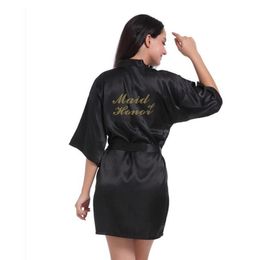 Women039s Bronzing Powder Short Kimono Robe Satin Silk Bridesmaid Wedding Robes Letters Gold Glitter Print Maid of Honour Sleepw9116727