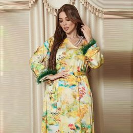 Ethnic Clothing Diamond Muslim Woman Printed Lace-up Dress Fashion Ostrich Fur Dubai Abayas Kaftan Luxury Turkish Evening Dresses