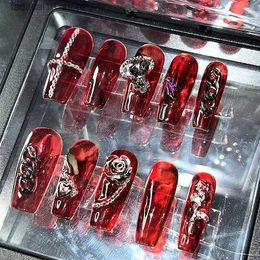 False Nails Y2K Punk Style Blood Red Rose False Nail Tips Rhinestone Press On Nails Art Handmade Reusable Long Coffin Fake Nail With Glue Q240122