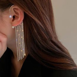 Luxury 14k Gold Earrings for Women 2024 Shiny Crystal Rhinestone Long Tassel Ear Cuff Clip Earrings Party Wedding Jewellery No Pierced