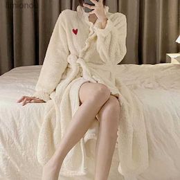 Women's Sleep Lounge Heart Robe for Women Belt Sleepwear Nightdress Winter Night Wears Pyjama Nightgown Long Sleeve Warm Fleece Homewear Japanese NewL240122
