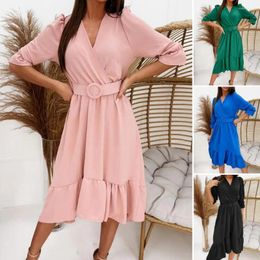 Party Dresses Women Dress Ruffle Hem Long Sleeve V-Neck Solid Colour Splicing Design Summer Ruffled Long-sleeved Waist For Dating