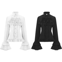 Women's Solid Colour Stand Up Collar with Lace and Ruffle Edge Tie Design, Flared Sleeve Shirt