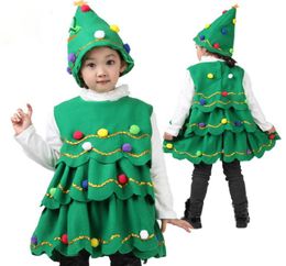 Children Christmas Tree Costume with Hat Set Tiered Wave Hem Aline Ruffle Mini Dress with Balls Teenage Kid Unisex Cosplay Outfit9421024