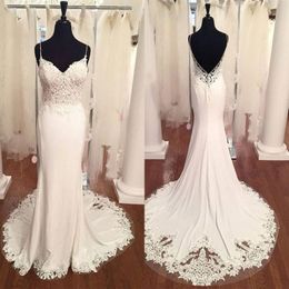 2020 Spaghetti Straps Satin Bohemia Mermaid Wedding Dresses Tulle Lace Applique Sweep Train Wedding Bridal Gowns robes de mariee289C