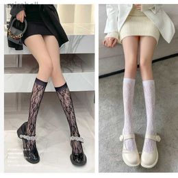 Socks Hosiery Women Sexy Lace Mesh Print Stockings Knee High Socks Soft Nylon Elastic Fishnet Girls Cute Socks Fashion Long Leg Socks Black YQ240122