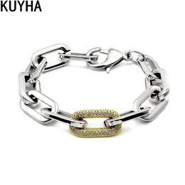 Bracelets Fashion Crystal Stone Links Punk Metal Heavy Big Thick Chain Bracelet Necklace Sets for Women Wrist Chain Bangles Geometric Link