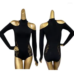 Stage Wear Latin Dance Tops Women Black Lace Waist Long Sleeves Leotard Rumba Samba Cha Clothes Practise Clothing DNV19132