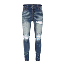 Men's Jeans trendy brand light blue distressed hip-hop slim fit jeans high street jeans for men