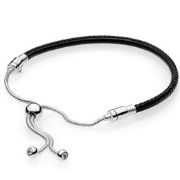 Bangles Authentic 925 Sterling Silver Moments Leather With Adjustable Sliding Clasp Bracelet Bangle Fit Bead Charm Diy Fashion Jewellery