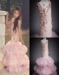 Chic Mermaid Flower Girl Dresses 3D Floral Appliqued Jewel Neck Pearl Girls Pageant Dress Little Kids Wedding Gowns Beautiful Part3464297