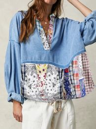 Spring Autumn Denim Shirts And Blouse For Women Casual Patchwork Turndown Collar Long Sleeve Top Jeans Elegant Blouse 2024 240118