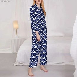 Women's Sleep Lounge Seigaiha Print Pajama Sets Vintage Blue Wave Warm Sleepwear Women Long Sleeve Vintage Home Two Piece Nightwear Big Size XL 2XLL240122