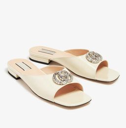 Elegant Brand Sparkling Double-G With Crystal Women Sandals Shoes Slip On Slide Flats Feminine Footwear Lady Slip On Home Walking EU43