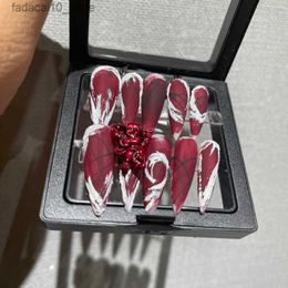 False Nails Blood Red Angel Gothic Style False Nails Handmade Aesthetic Y2K Press On Nails Fake Nail With Glue Reusable DIY Coffin Nail Tips Q240122